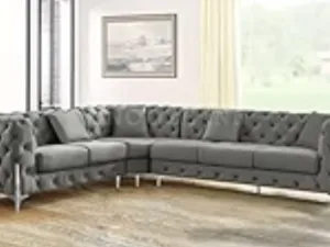 Winforce OEM Velvet Luxury L shape Chesterfield Sofa Couch Living Room Furniture Sectional Sofa Set Elegant Tufted Corner Sofa